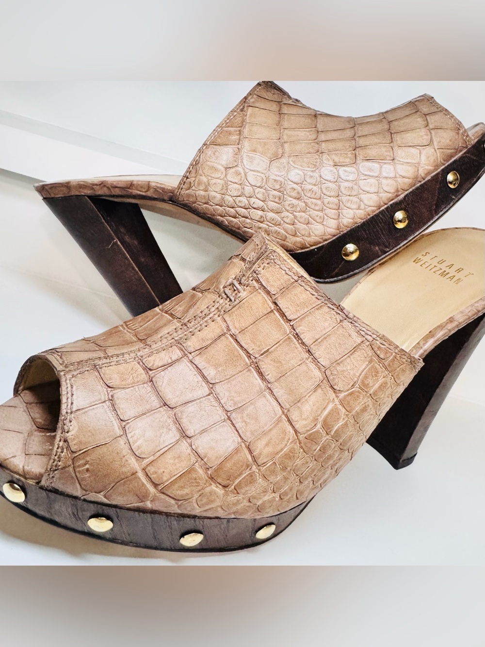 Stuart Weitzman Croc Embossed Leather Peep Toe Platform Mules Size 8 | Y2K